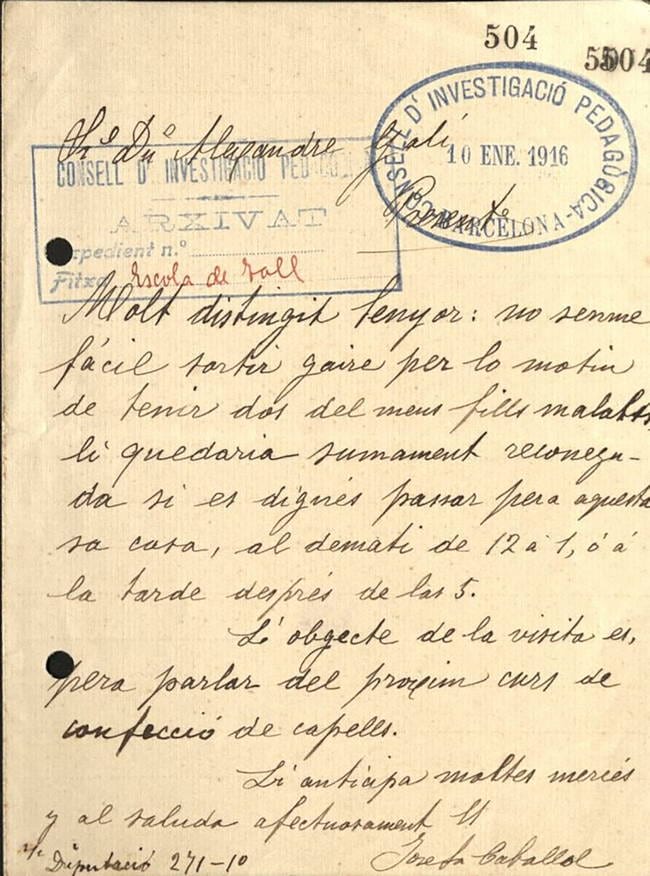 Carta de Josefa Caballol a Alexandre Galí i Coll, secretari general del Consell Pedagògic de la Mancomunitat de Catalunya, 1916. Fons: Escola de la Dona. (CAT AGDB B-2813, exp.10)