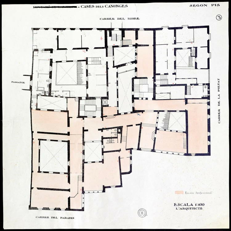 Cases dels Canonges. Planta del segon pis, 1940. Autoria desconeguda. Fons: Catàleg Monumental del Servei de Catalogació i Conservació de Monuments. (CAT AGDB R.001098)