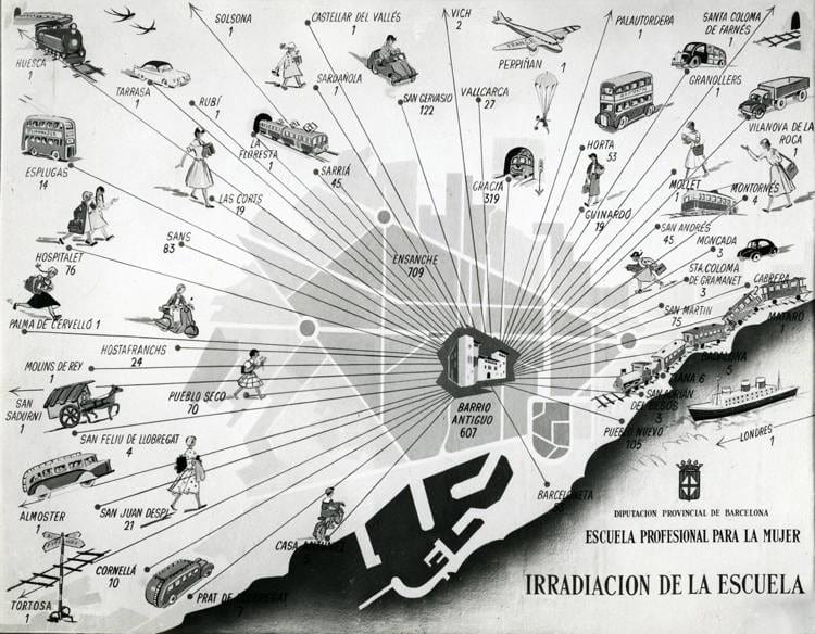 Mapa amb la procedència geogràfica de les alumnes de l’Escola Professional per a la Dona, c.1960. Autoria desconeguda. Fons: Escola de la Dona. (CAT AGDB Maternitat-Cambra C-3)