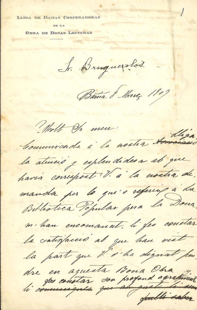 Carta de Francesca Bonnemaison, 8/3/1909. Fons: Institut de Cultura i Biblioteca Popular de la Dona. (CAT AGDB 77)