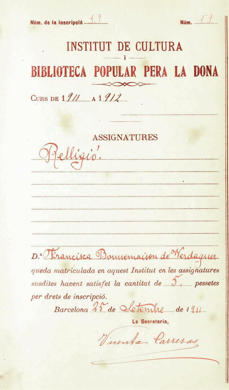 Inscripció de Francesca Bonnemaison a l’assignatura de religió del curs 1911-1912. Fons: Institut de Cultura i Biblioteca Popular de la Dona. (CAT AGDB 14)