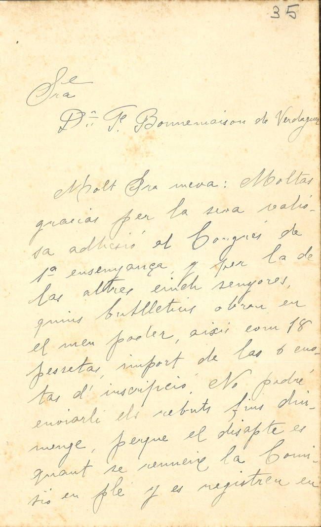 Carta de Rosa Sensat a Francesca Bonnemaison, 17/11/1909. Fons: Institut de Cultura i Biblioteca Popular de la Dona. (CAT AGDB 77)