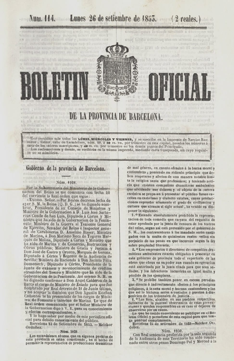 Boletín Oficial de la Provincia de Barcelona (BOPB), 26 de setembre de 1853, núm. 114.