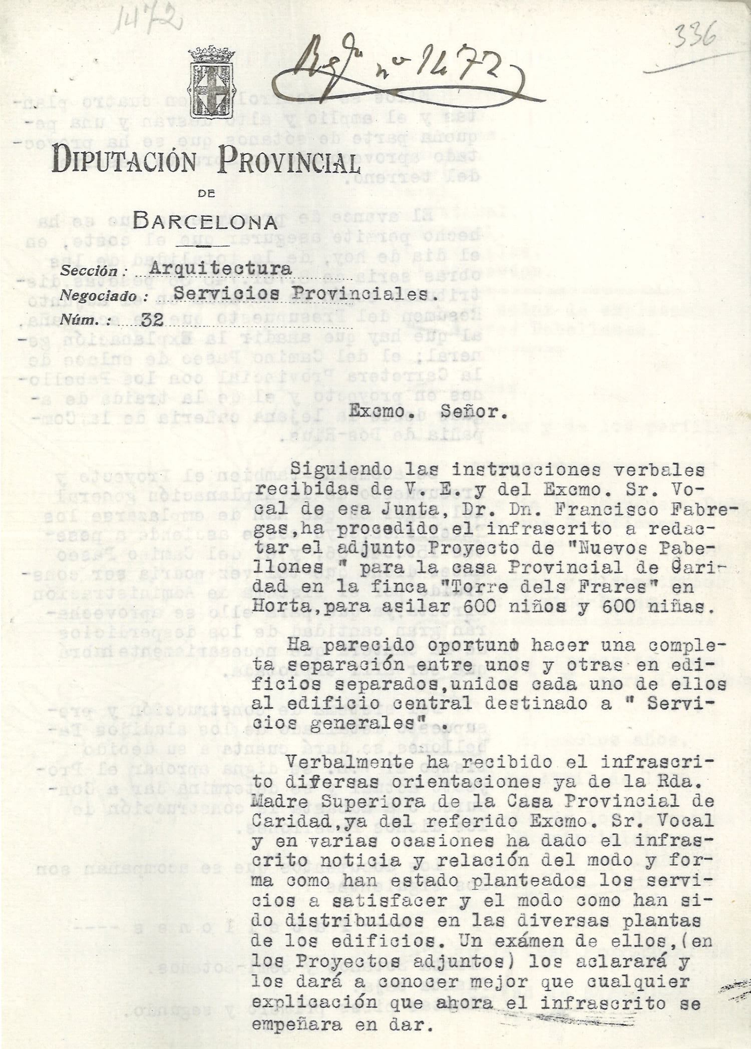 Projecte de nous pavellons a la Torre dels Frares, 18 d’abril de 1928. Autoria: Joan Rubió i Bellver. Fons: Diputació de Barcelona. (CAT AGDB J-1676)
