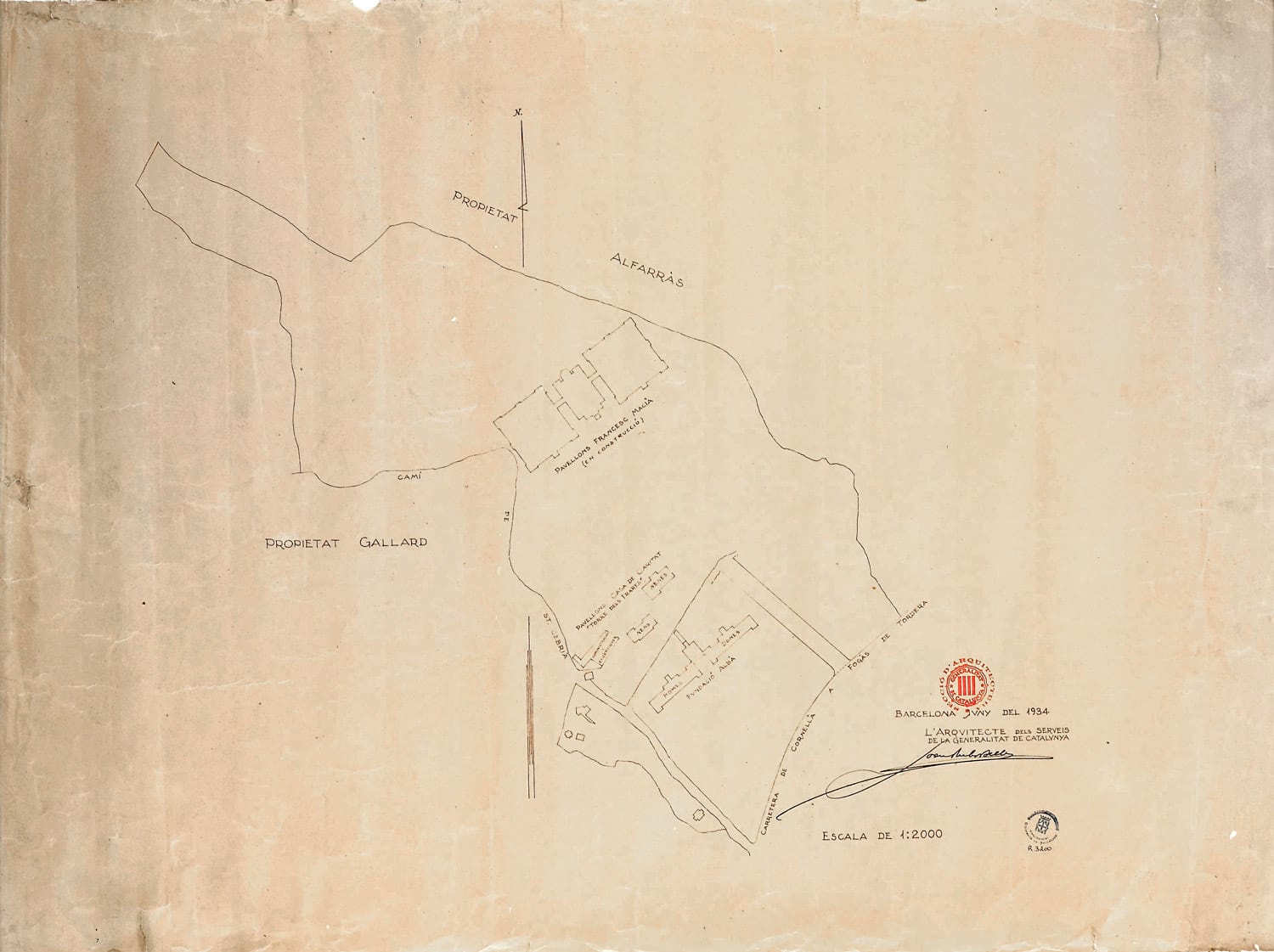 Plànol de l’emplaçament dels pavellons Francesc Macià, Torre dels Frares i Fundació Albà, 1934. Autoria: Joan Rubió i Bellver. Fons: Generalitat de Catalunya (Segona República). (CAT AGDB R.3200)