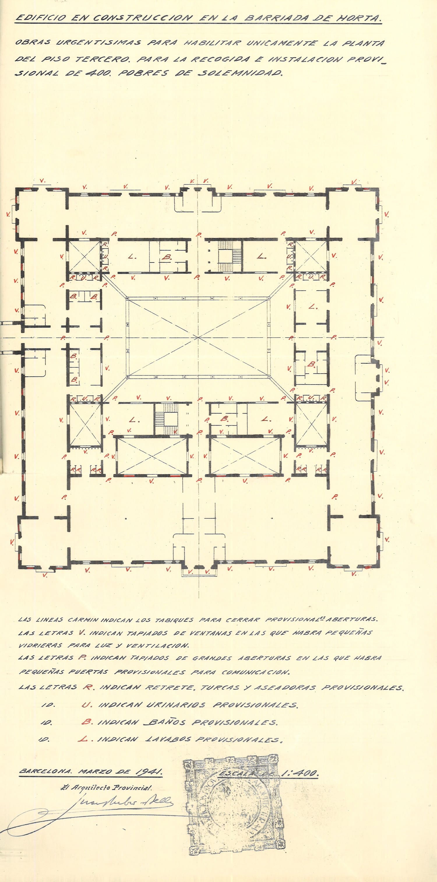 Plànol per readaptar el Pavelló de Llevant com a centre de captaires, 1941. Autoria: Joan Rubió i Bellver. Fons: Diputació de Barcelona. (CAT AGDB 4618, exp.9)