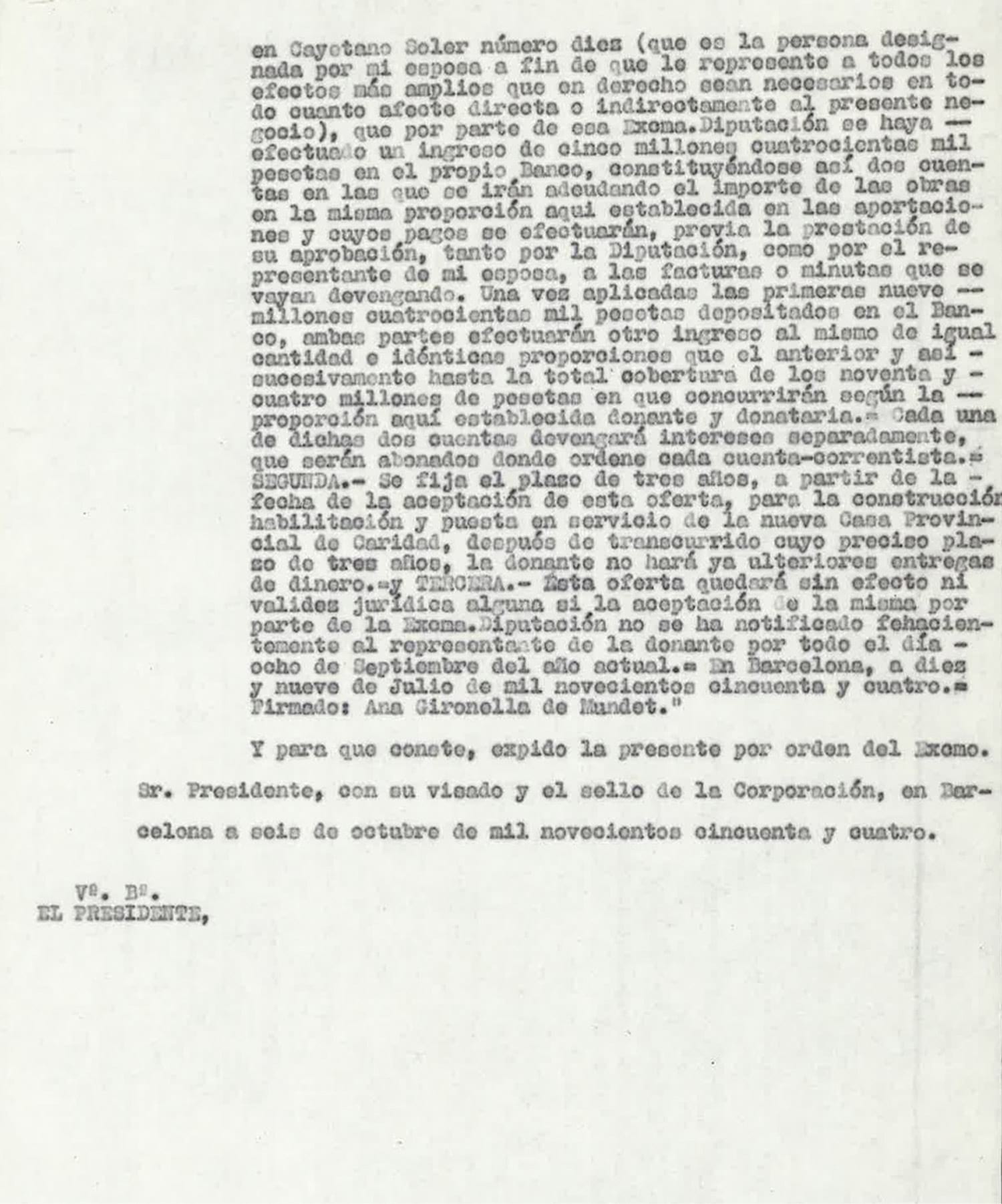 Certificació de l’aprovació del donatiu de la família Mundet per la Diputació de Barcelona, 1954. Fons: Diputació de Barcelona. (CAT AGDB 3597)