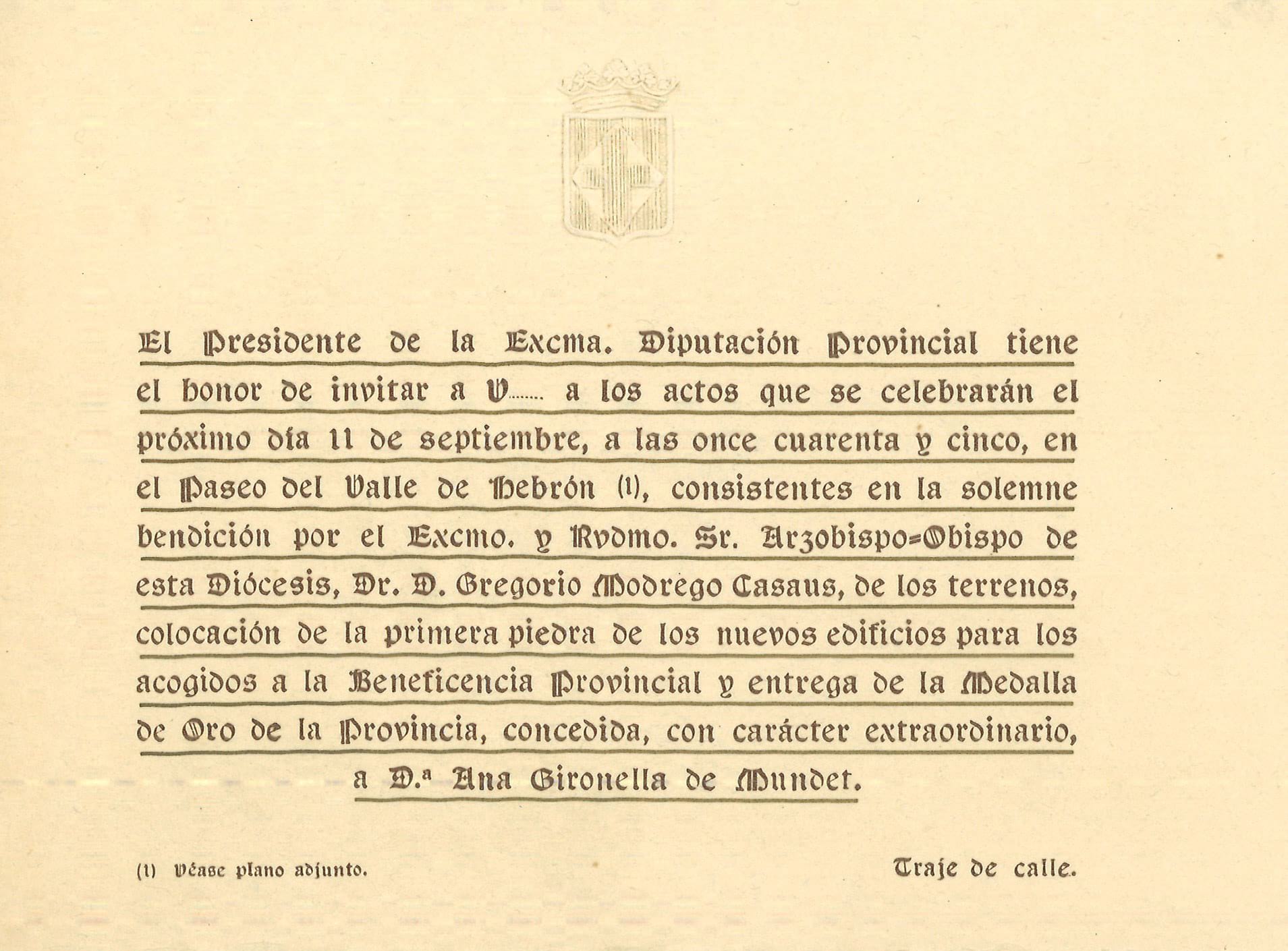 Invitació per assistir a l’acte de la primera pedra de les Llars Mundet, 11 de setembre de 1954. Fons: Diputació de Barcelona. (CAT AGDB Q-563, exp.50)