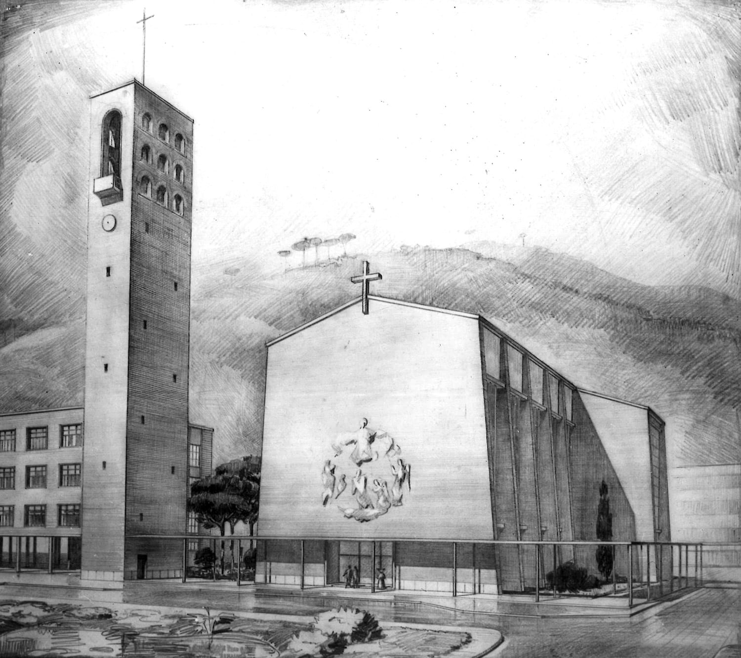 Dibuix de l’església i campanar de les Llars Mundet, c. 1956. Autoria desconeguda. Fons: Diputació de Barcelona. (CAT AGDB R.18422)