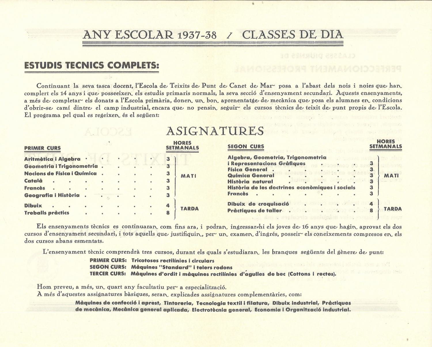 Programa de l’any escolar 1937-1938. Biblioteca de Reserva de la Diputació de Barcelona i Centre de Documentació de l’Arxiu General. (CAT AGDB R.22779)
